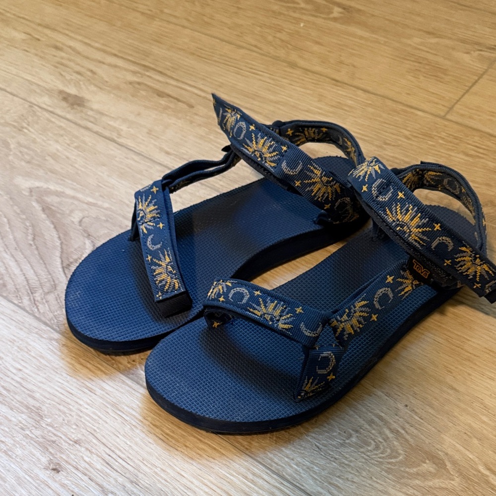 Blue Teva Sandals with Gold Embroidery